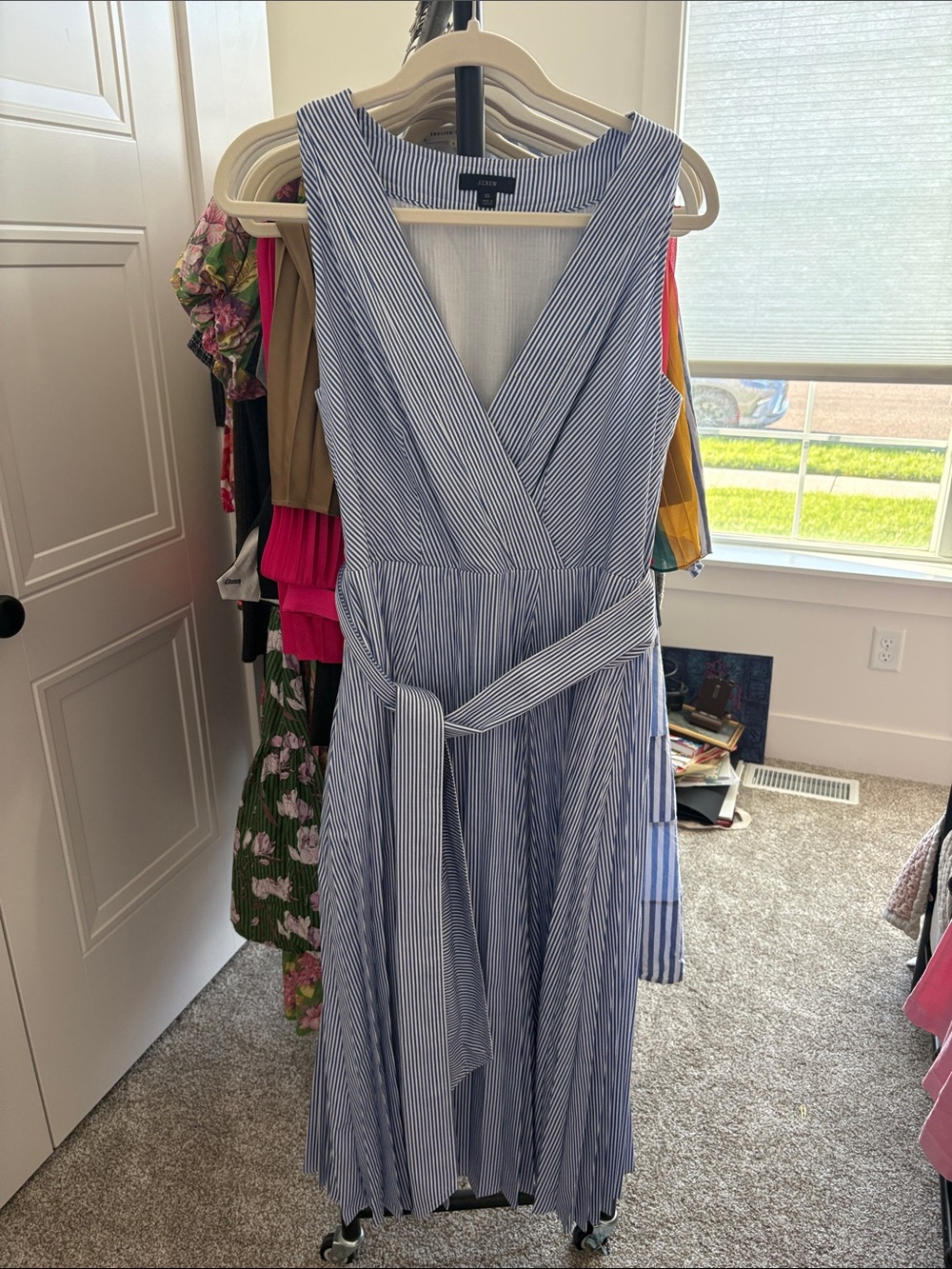 J. Crew Blue and White Striped Midi Wrap Dress